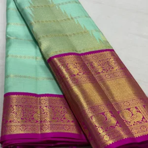 Sea Green Kanchipuram Silk Saree With Rani Pink