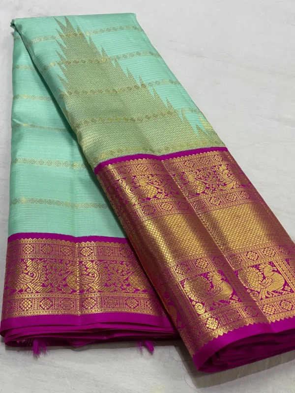 Sea Green Kanchipuram Silk Saree With Rani Pink