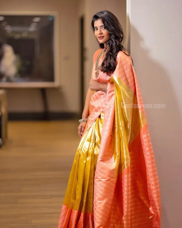 Aishwarya Rajesh in Kanjivaram Silk Saree: A Glowing Vision in Tissue Gold and Pastel Pink 4 Aishwarya Rajesh in Kanjivaram Silk Saree