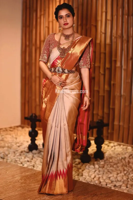 Ashika Ranganath in Kanjivaram Silk Saree: Subtle Sophistication in Beige and Pastel Pink 2 Ashika Ranganath in Kanjivaram silk saree