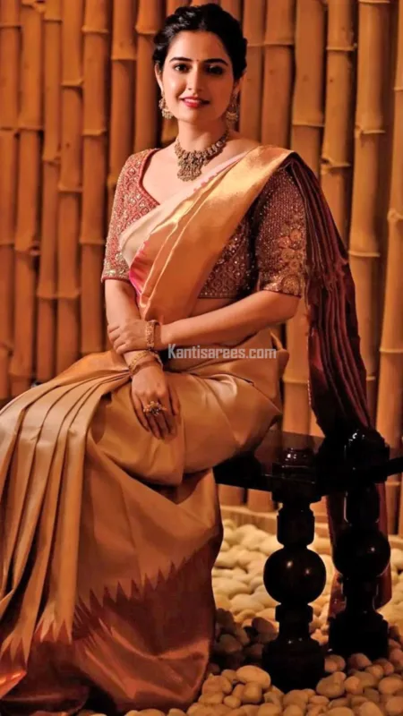 Ashika Ranganath in Kanjivaram Silk Saree: Subtle Sophistication in Beige and Pastel Pink 5 Ashika Ranganath in Kanjivaram silk saree