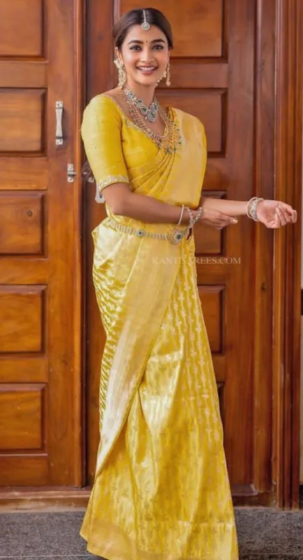 Pooja Hegde in Banarasi Katan Silk Saree