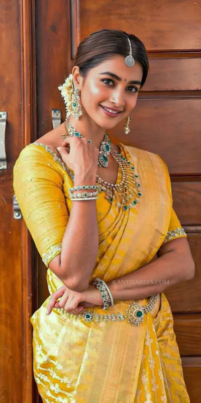 Pooja Hegde in Banarasi Katan Silk Saree