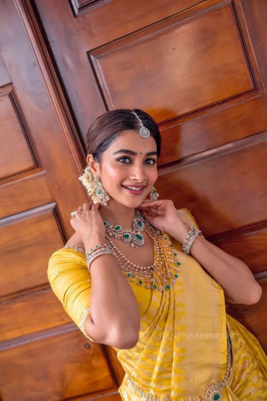 Pooja Hegde in Banarasi Katan Silk Saree