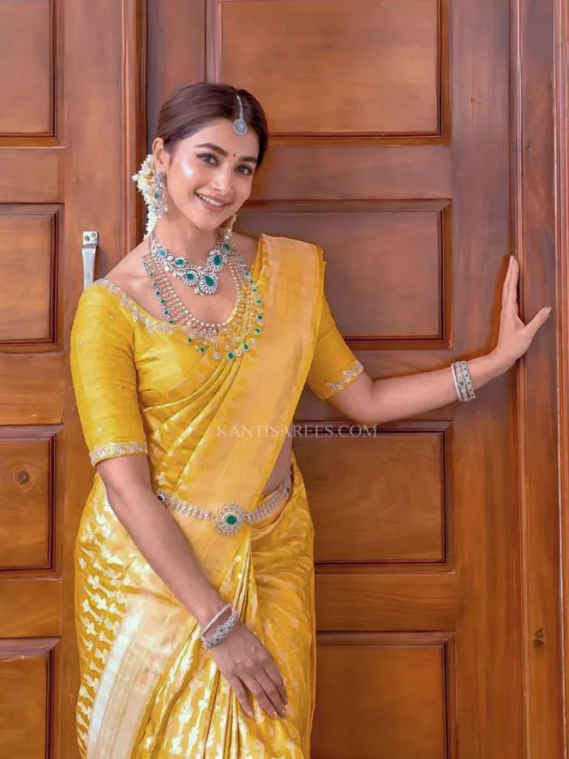 Golden Glow: Pooja Hegde in Banarasi Katan Silk Saree is Pure Perfection