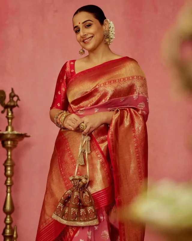 Vidya Balan in Kanjivaram Organza Silk Saree: Peach Elegance Woven with Timeless Tradition 2 08bf5cc9 9311 45a3 9f28 d6acaf0e6812