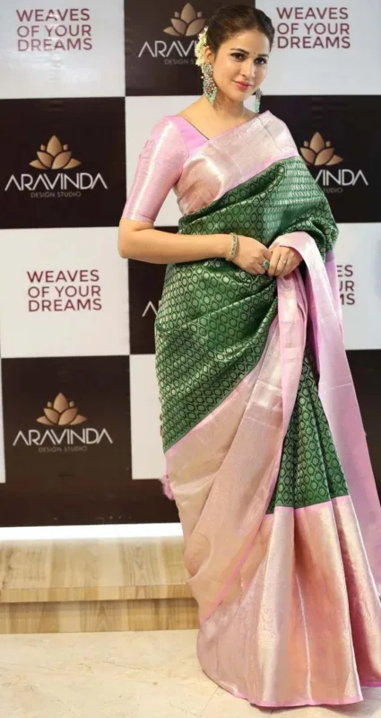Lavanya Tripathi in Kanjivaram Silk Saree: A Graceful Blend of Green Grandeur and Pastel Pink Elegance 2 Lavanya Tripathi looks gorgeous in a green Kanchipuram saree