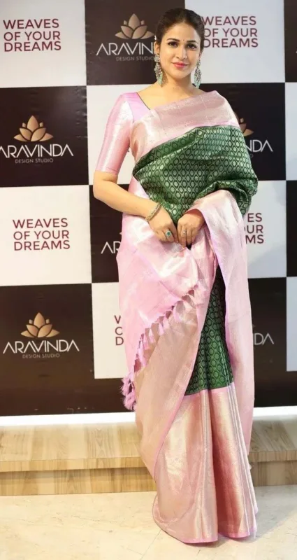 Lavanya Tripathi in Kanjivaram Silk Saree: A Graceful Blend of Green Grandeur and Pastel Pink Elegance 3 c3b7bd45 d963 4623 a1cc c314efd1e4b1