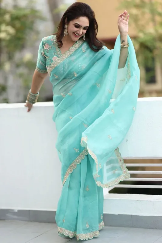 Sridevi Vijaykumar in Organza Silk Saree: A Turquoise Blue Dream Woven with Modern Elegance 6 dc6c44f1 26d7 42d1 8018 c942bd38e908