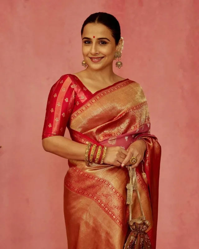 Vidya Balan in Kanjivaram Organza Silk Saree: Peach Elegance Woven with Timeless Tradition 4 download 2