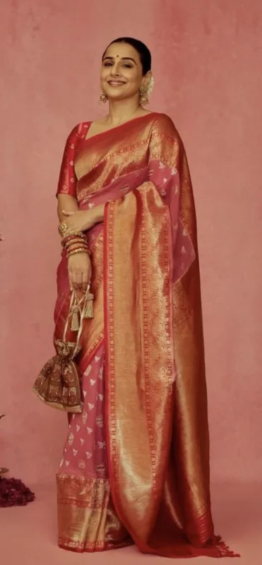Vidya Balan in Kanjivaram Organza Silk Saree: Peach Elegance Woven with Timeless Tradition 5 Vidya Balan