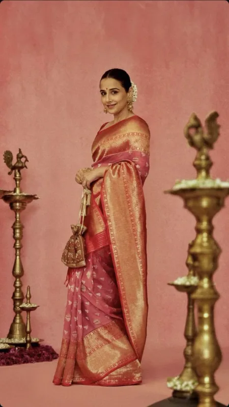 Vidya Balan in Kanjivaram Organza Silk Saree: Peach Elegance Woven with Timeless Tradition 6 Vidya Balan