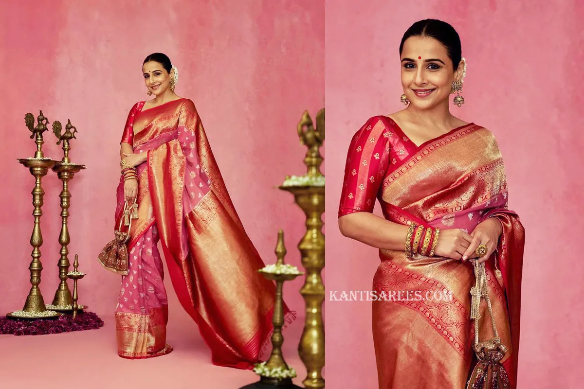 Vidya Balan in Kanjivaram Organza Silk Saree: Peach Elegance Woven with Timeless Tradition 1 vidya balan