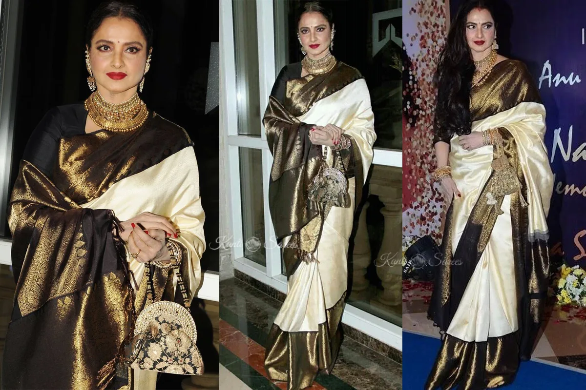 Top 20 Rekha Ji Kanjivaram Saree Looks That Prove She Is the Eternal Queen of Indian Fashion 5 Rekha Ji Kanjivaram Saree