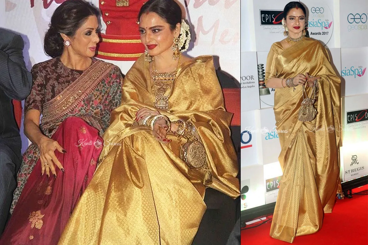 Top 20 Rekha Ji Kanjivaram Saree Looks That Prove She Is the Eternal Queen of Indian Fashion 16 Rekha Ji Kanjivaram Saree