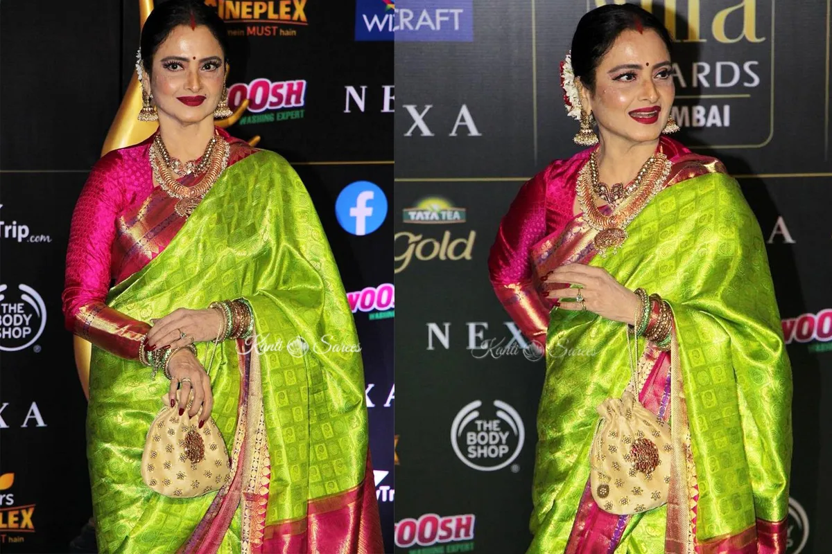 Top 20 Rekha Ji Kanjivaram Saree Looks That Prove She Is the Eternal Queen of Indian Fashion 8 Rekha Ji Kanjivaram Saree