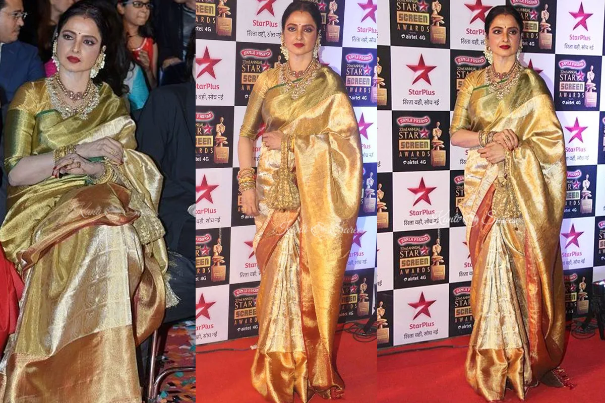 Top 20 Rekha Ji Kanjivaram Saree Looks That Prove She Is the Eternal Queen of Indian Fashion 9 Rekha Ji Kanjivaram Saree
