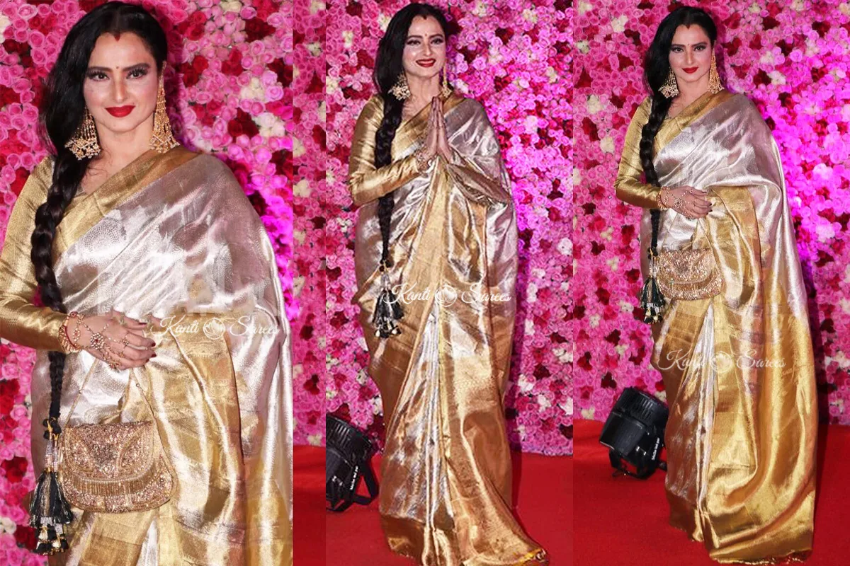 Top 20 Rekha Ji Kanjivaram Saree Looks That Prove She Is the Eternal Queen of Indian Fashion 11 Rekha Ji Kanjivaram Saree