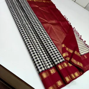 Black & White Checks Kanjivaram Silk Saree with Dark Red Korvai Border 2 Checks Kanjivaram